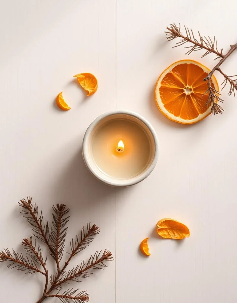 Bougie naturelle dans un pot ambré sur lin ivoire