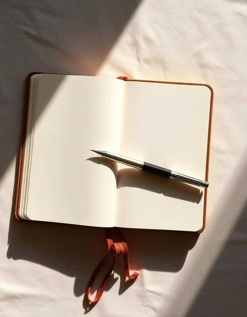 Carnet minimaliste ouvert sur une page blanche, stylo à côté