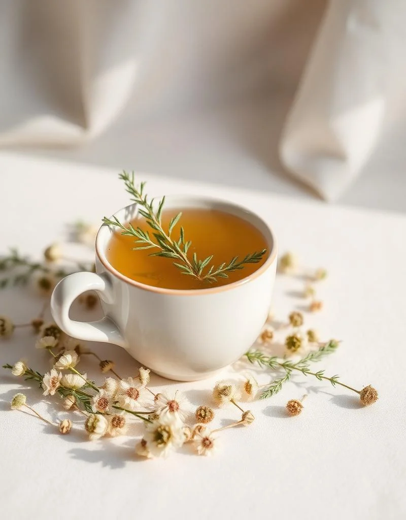 Infusion botanique servie dans une tasse en céramique claire