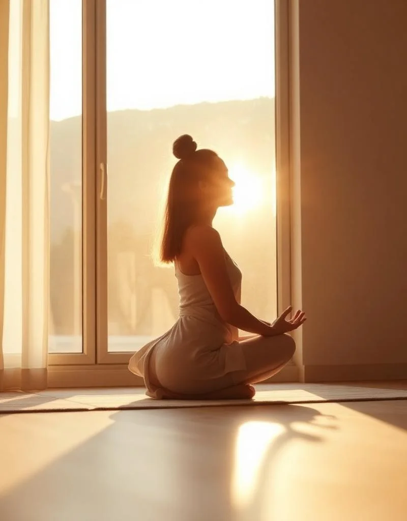 Femme méditant à l'aube près d'une grande fenêtre