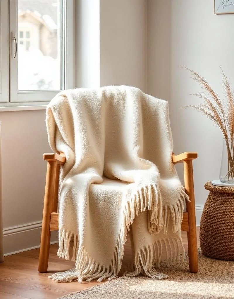 Plaid en laine douce posé sur un fauteuil en bois clair