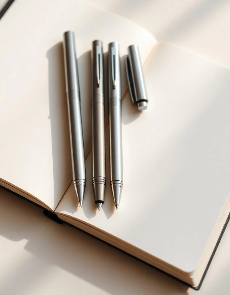 Trois stylos plume posés sur un cahier ouvert