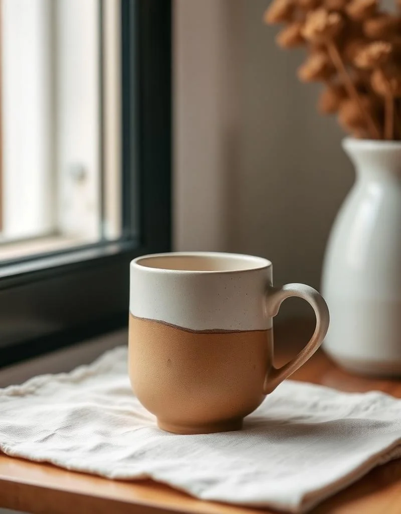 Tasse en céramique artisanale posée près d'une fenêtre lumineuse
